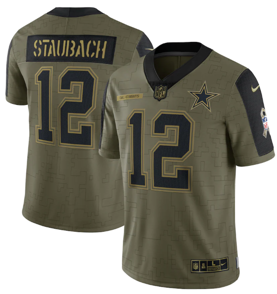 Men's Dallas Cowboys #12 Roger Staubach 2021 Olive Salute To Service Limited Stitched Jersey